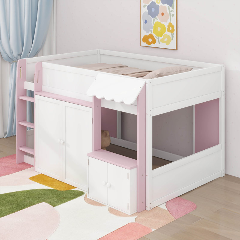 Lit mezzanine double avec rangement, porte et fenêtre, structure de lit en bois avec rangement, Blanc / Rose