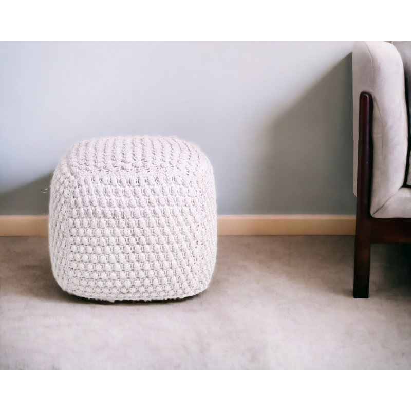 Aitana 18" Cotton Blend Pouf Ottoman, White Cotton Blend