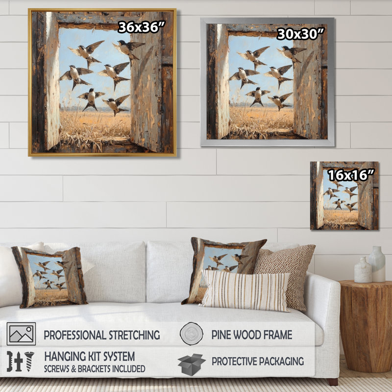 Drusie abstrait oiseau hirondelles dans le foin - art mural oiseau, H 16 po x l 16 po, Noir