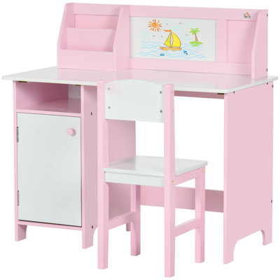 Ensemble de bureau et chaise pour tout-petits Qaba avec tableau blanc et armoire de rangement