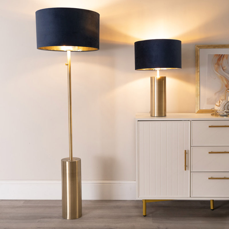 Aidana Touch Table Lamp with Velvet with Inner Lamp Shade, No, Gold Base/Blue/Gold Shade