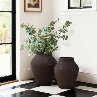 Vase rustique en ciment, finition brun antique, décor décoratif 13,4 po