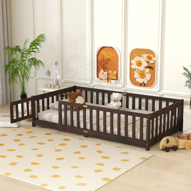 Kids Bed Soild Wood Platform Floor Bed With Safety Guardrails And Door For Bedrooms, Twin, Espresso
