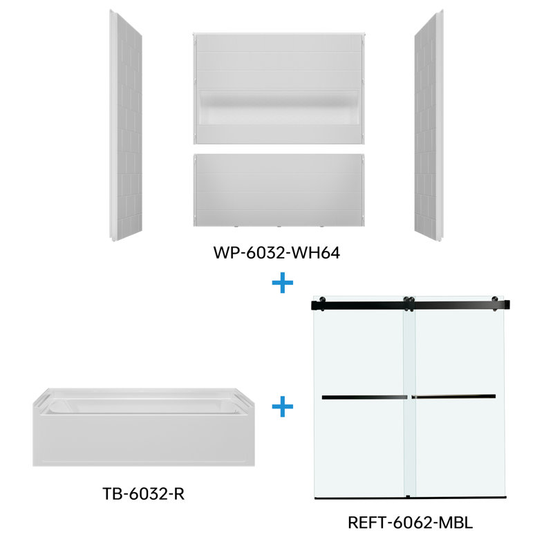 WOODBRIDGE 60" x 32" Alcove Soaking Bathtub & 4-Piece Direct-to-Stud Surround with Right Drain & 57.5–60" Frameless Double Sliding Tub Door with Soft-Close, Clear Tempered Glass, Matte Black