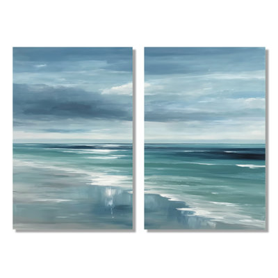 «Coastal Waves» dans des tons bleus et blancs - art mural côtier, impression sur toile 2 pièces