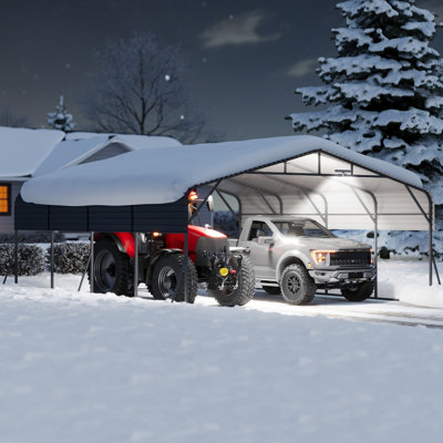 Heavy Duty All-Weather Metal Carport - 20x20 FT with Galvanized Steel Roof, Reinforced Base & LED Solar Lamp, Shelter for 2 Cars, Boats, Trucks, Backyard Garage (Dark Gray Top with Solar Lamp)
