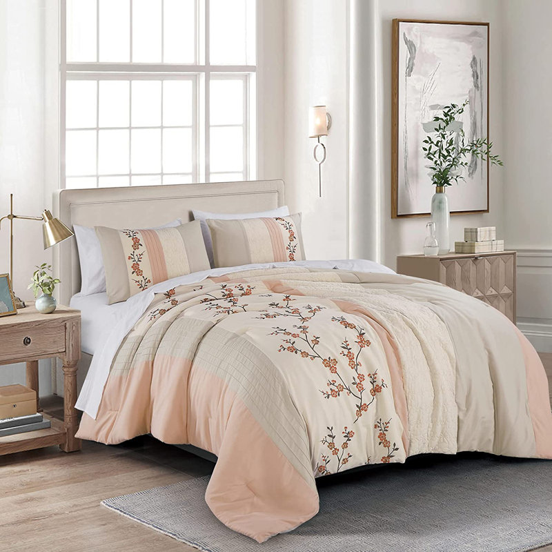 7-Pieces Cherry Blossom Floral Embroidery Comforter Set with Sheets, California King Comforter + 6 Additional Pieces