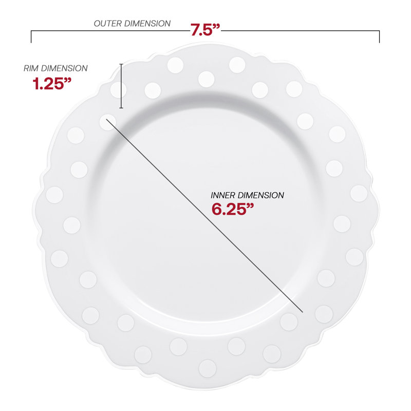 Assiettes à salade jetables blanches en plastique à pois ronds blancs (7,5 po)