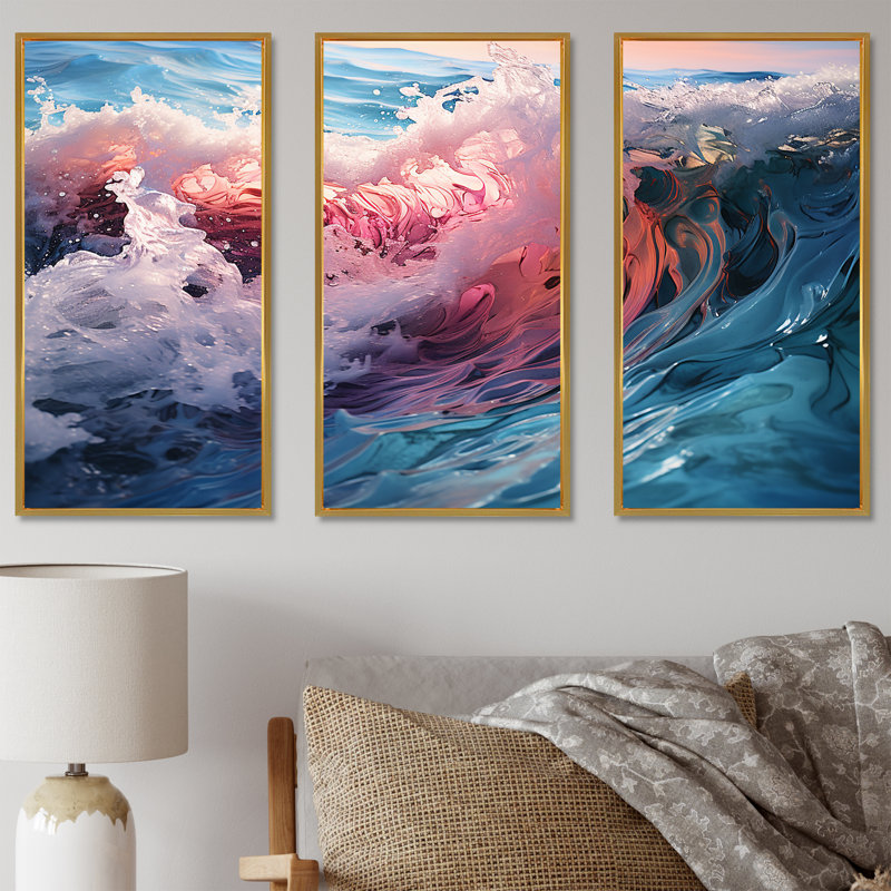 «Tropical Beach Waves Fusion II», ensemble d'art mural sur toile, Cadre flottant doré, H 28 po x l 36 po x P 1 po