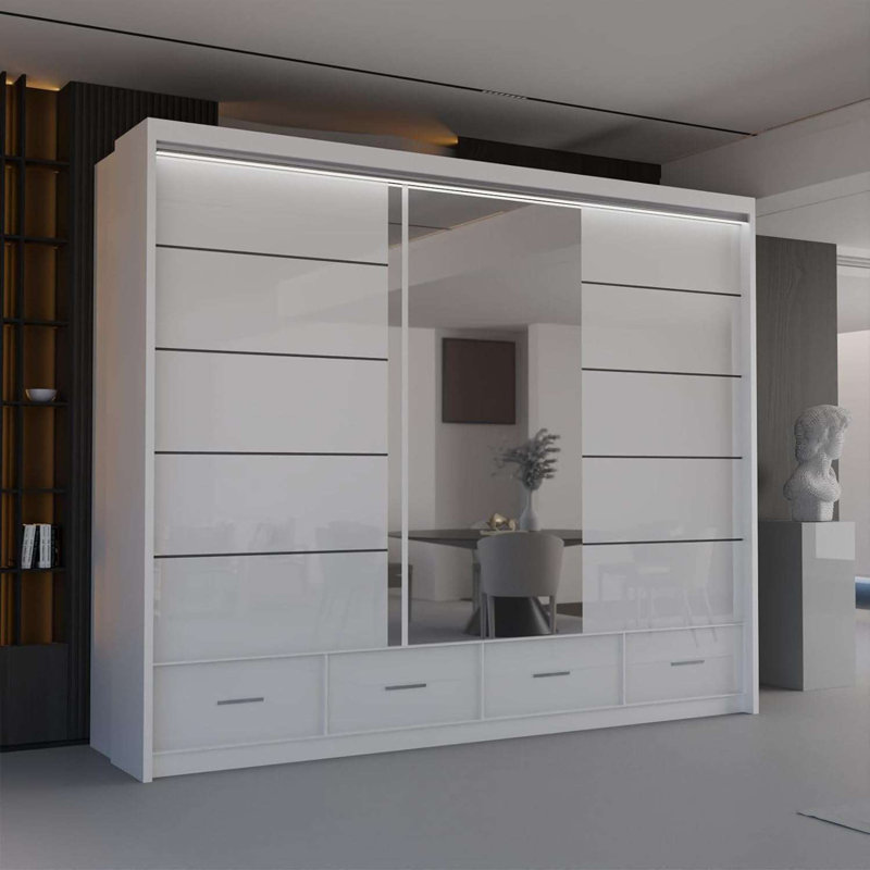 Bahos 3 Door Manufactured Wood Wardrobe, White, 220cm H x 255cm W x 66cm D