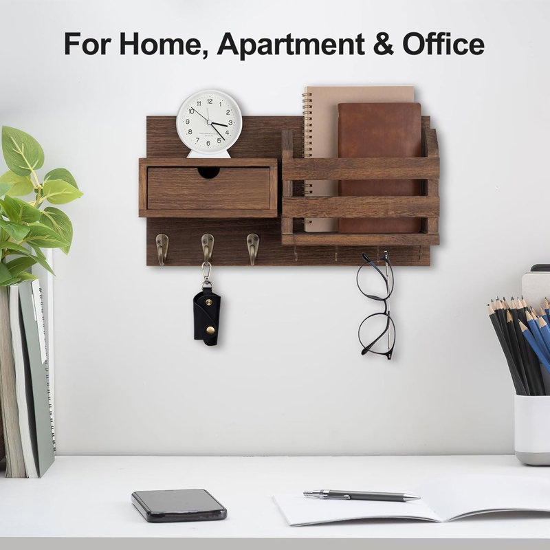 Paulownia Wood Wall Mount Key & Mail Organizer - 7 Metal Hooks, Entryway Decor with Storage Drawer