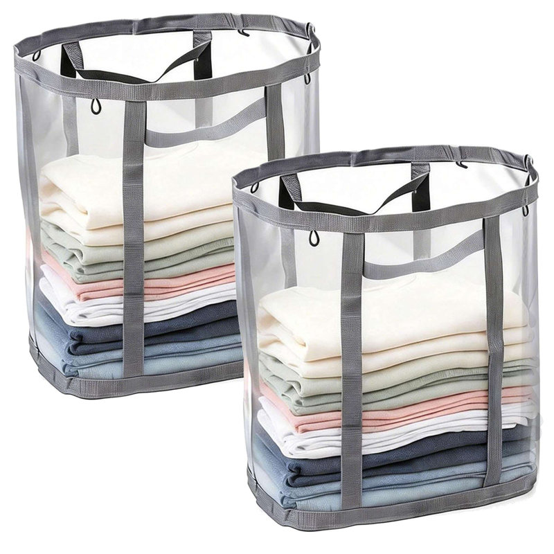 2 Pcs Laundry Hamper Bag with Handles,Portable & Collapsible Dirty Clothes Mesh Basket Foldable for Washing Storage, Kids Room,Dorm or Travel (Gray)