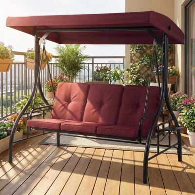 Balancelle d'extérieur réglable pour 3 personnes - Lit convertible - Coussins épais, Porte-gobelets intégrés, Structure en acier toutes saisons - Pour patio, jardin, porche, cour arrière - Rouge