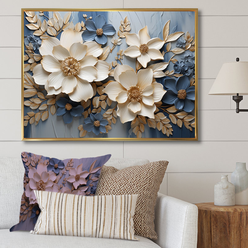 Composition de fleurs saisonnières beige et bleu - Fleurs saisonnières, H 16 po x l 32 po x P 1 po, Cadre flottant doré