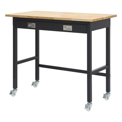 Établi de 122 cm (48 po), capacité de charge de 680 kg (1 500 lb), établi de garage avec tiroir de rangement et roulettes, établi d'atelier sur roulettes, table de travail robuste en chêne massif pour garage, atelier, bureau et maison
