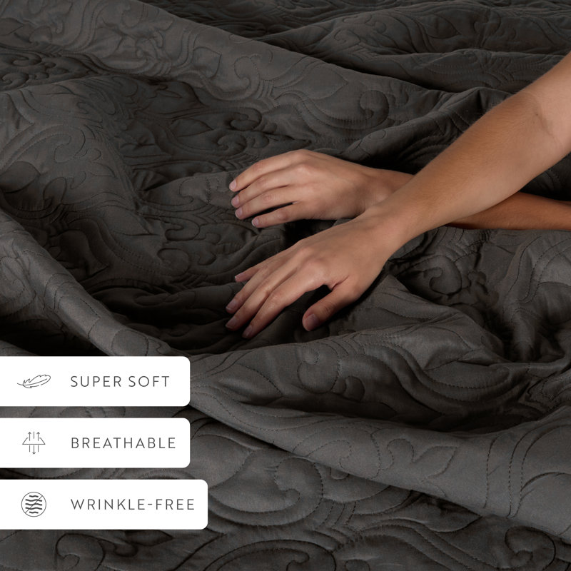 All Season Lightweight Soft Damask Quilt Set by Simply Soft, Gray, King/Cal-King Quilt + 2 King/Cal. King Shams