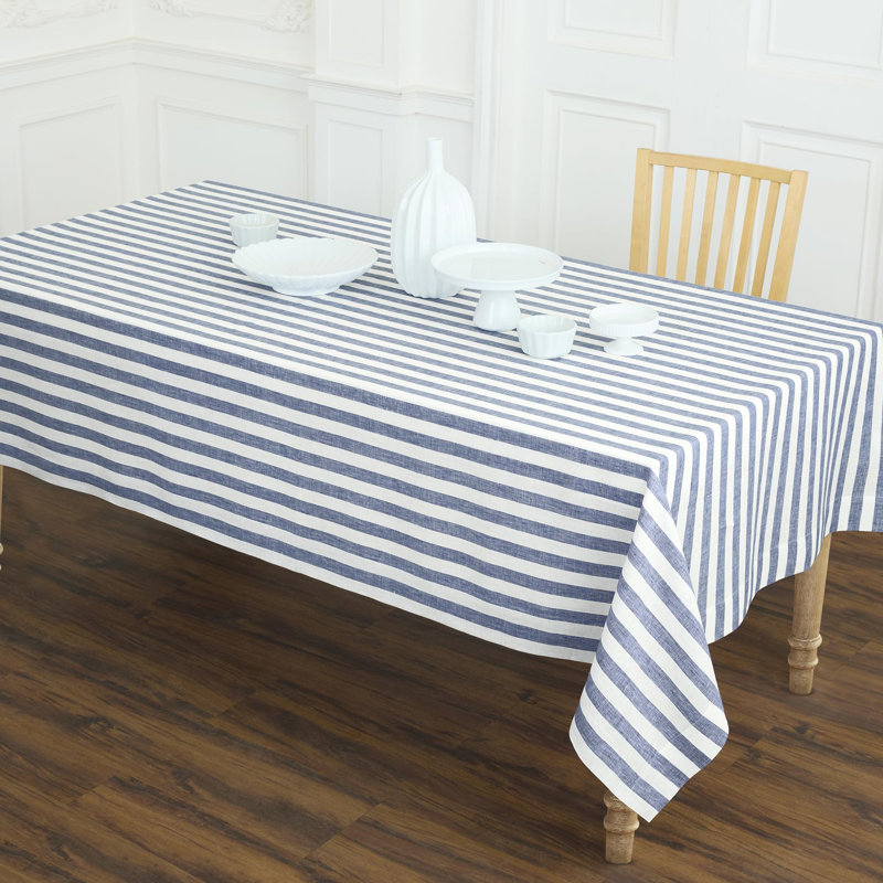 100% Pure Linen Tablecloth - Fete, 120" L x 60" W, Navy/White