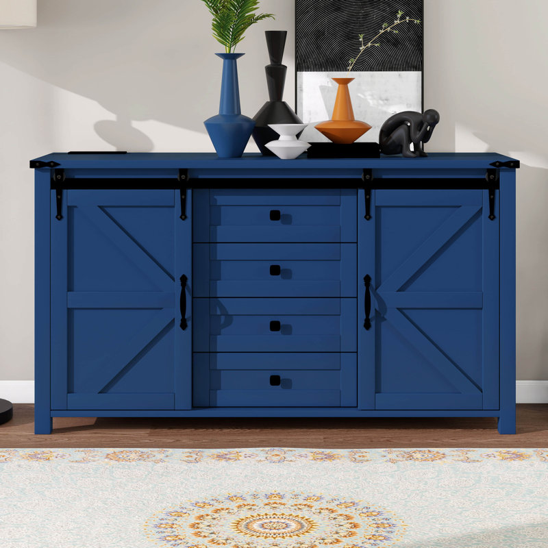 55.1-Inch Sideboard Buffet Cabinet With Storage & Power Outlet, Woodcabinet With Sliding Barn Door And Drawers, Navy Blue