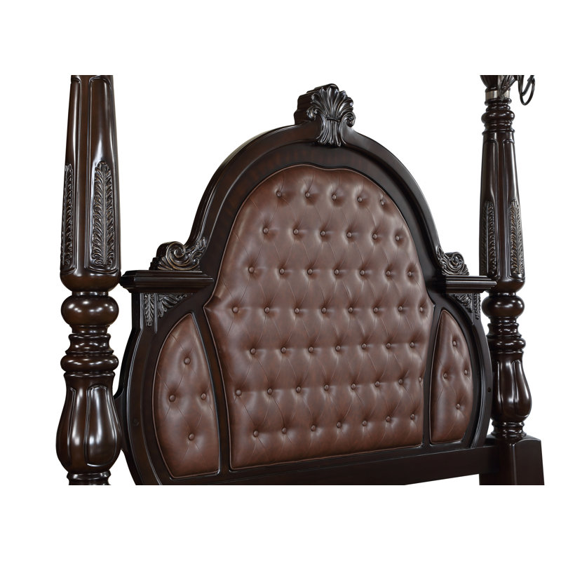 Palazzo Marina Walnut Queen Canopy Bed with Tufted Faux Leather Headboard