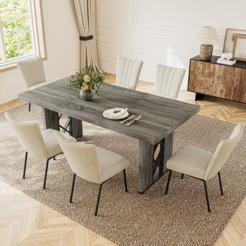 Rectangular Dining Table Set of 4, 180 cm Grey Oak Finish Top with 4 Corduroy Dining Chairs, Modern MDF Minimalist Kitchen Table for Dining Rooms, Kitchens