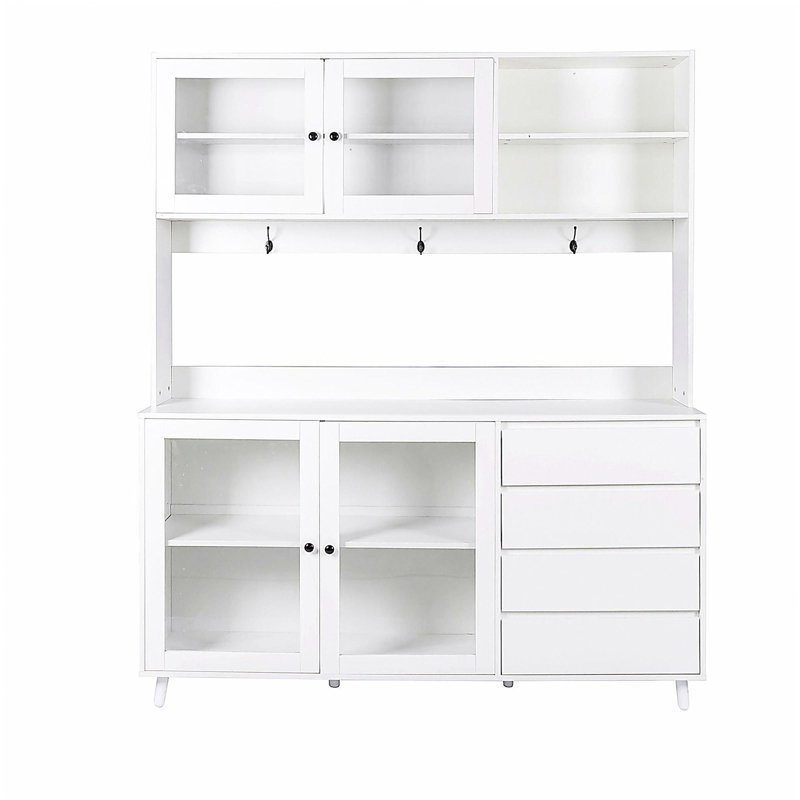 63" W Large Kitchen Hutch Cabinet, Freestanding Pantry Cabinets Storage Kitchen Cupboard with 4 Doors, 4 Drawers & Microwave Shelf, White