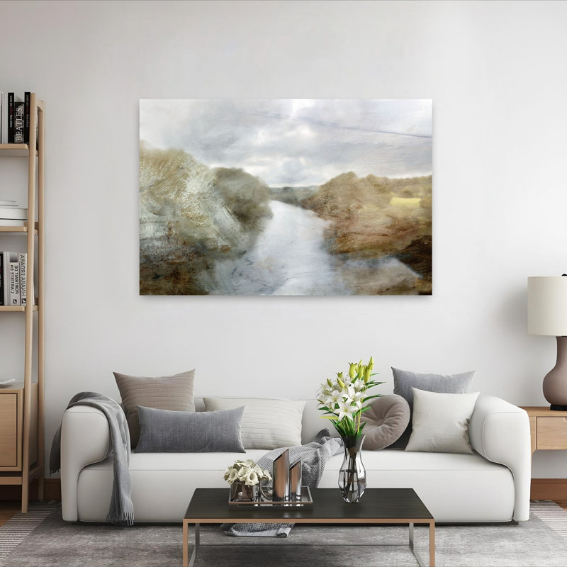 River Abstract Contemporary Modern Fish Coastal Landscape Wall Art Print 1 Piece Wrapped Canvas Wall Art
