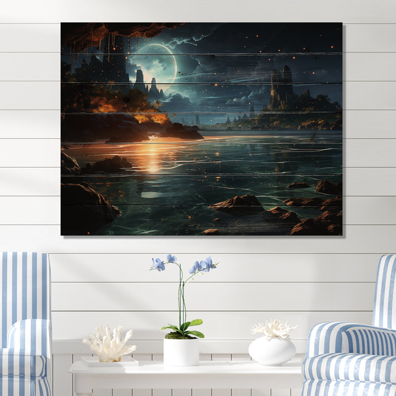Mystic Tropical Beach Moonlight IV - plage sur bois, H 10 po x l 20 po x P 0,78 po