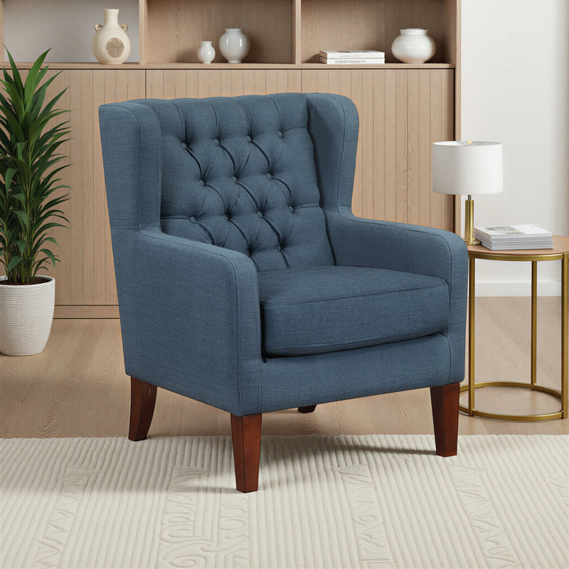 Iris 30" Modern & Contemporary Accent Chair with Textured Fabric Upholstery, Button-Tufted Wing Back, Brown Solid Wood Legs