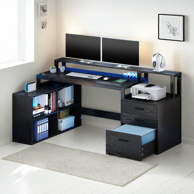 Black Engineered Wood L-Shaped Corner Desk with Power Outlets and USB Ports