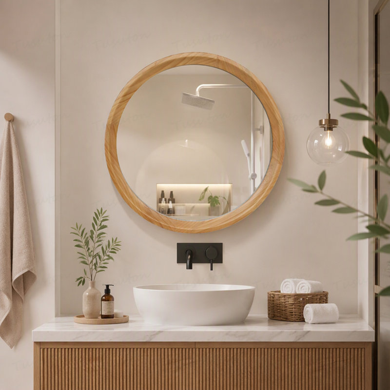 Miroir mural rond en bois naturel, miroir décoratif minimaliste de 23,62 po pour meuble-lavabo, salon (cadre en bois massif élégant)