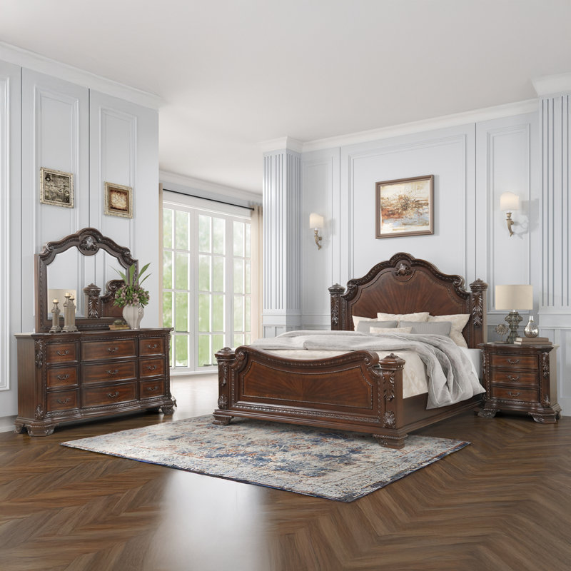 Ensemble de chambre à coucher Bharata, Grand, 4 Pcs: Bed, Dresser, Mirror, Nightstand