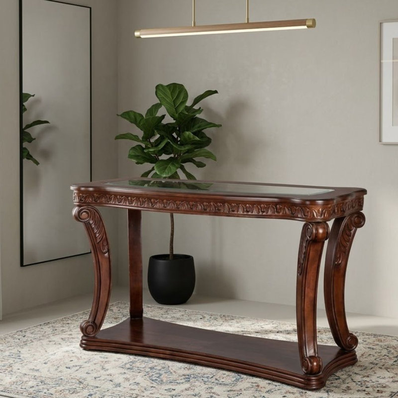 Zosia Console rectangulaire en chêne foncé avec pieds à volutes et tablette