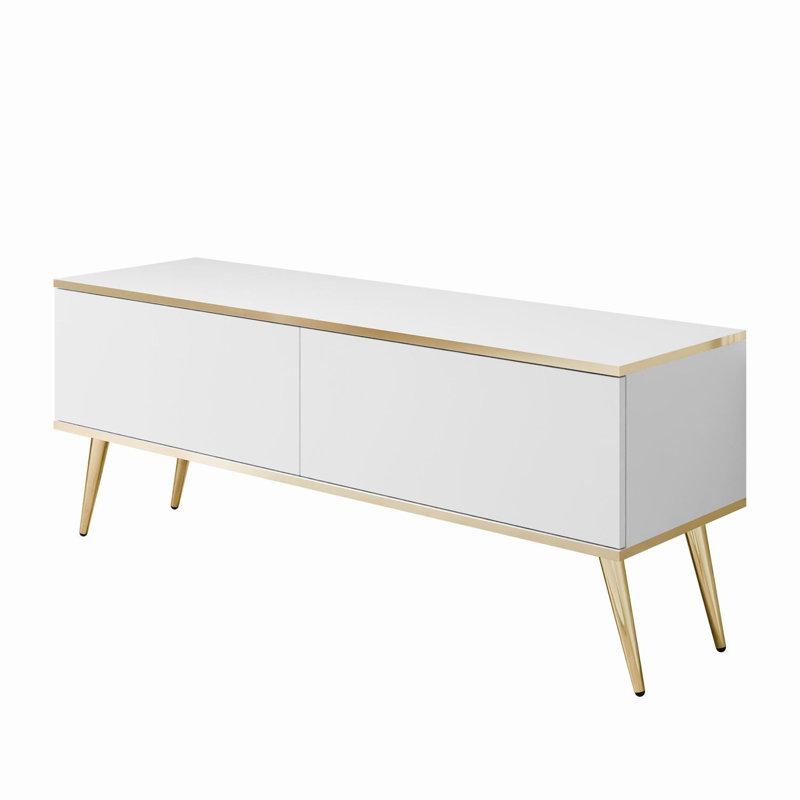 OXFORD III TV Stand with Golden Legs, 53cm H x 135cm L x 32cm W, White