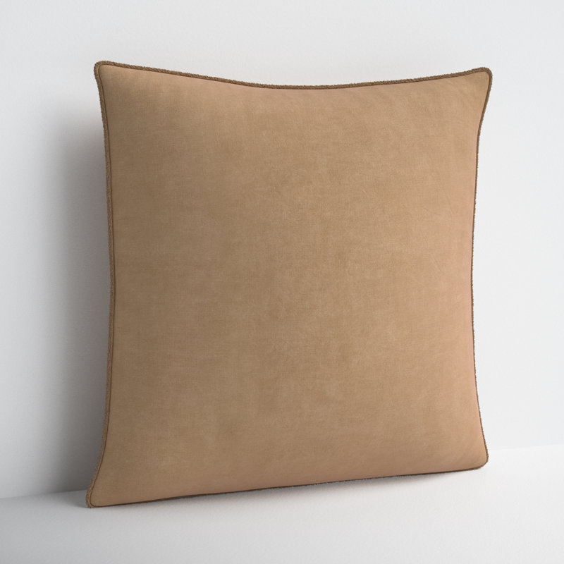 Tan Cotton Square Embroidered Throw Pillow with Fringed Edges