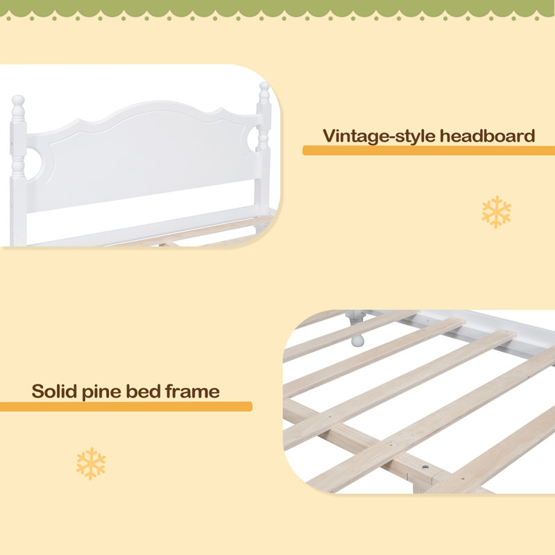 Structure de lit double en bois pleine grandeur, lit plateforme de style rétro avec support en lattes de bois, Lit double