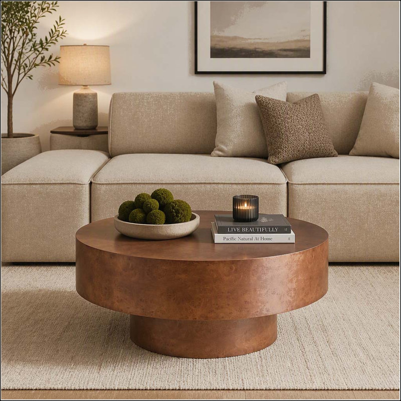 Round Burl Wood Veneer Coffee Table with Sturdy Pedestal, 13.77" H x 31.49" W x 31.49" D