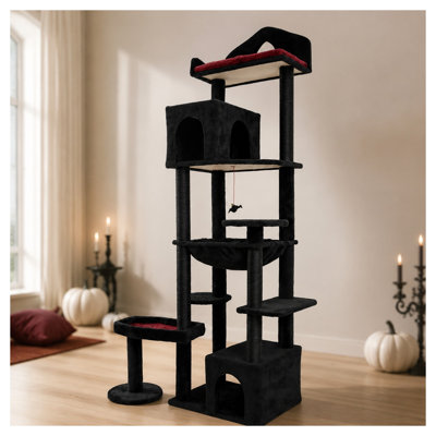 Arbre à chat gothique noir avec niche en forme de cercueil, tour extra haute à plusieurs niveaux de 209 cm pour grands chats, griffoir autoportant avec hamac et perchoirs
