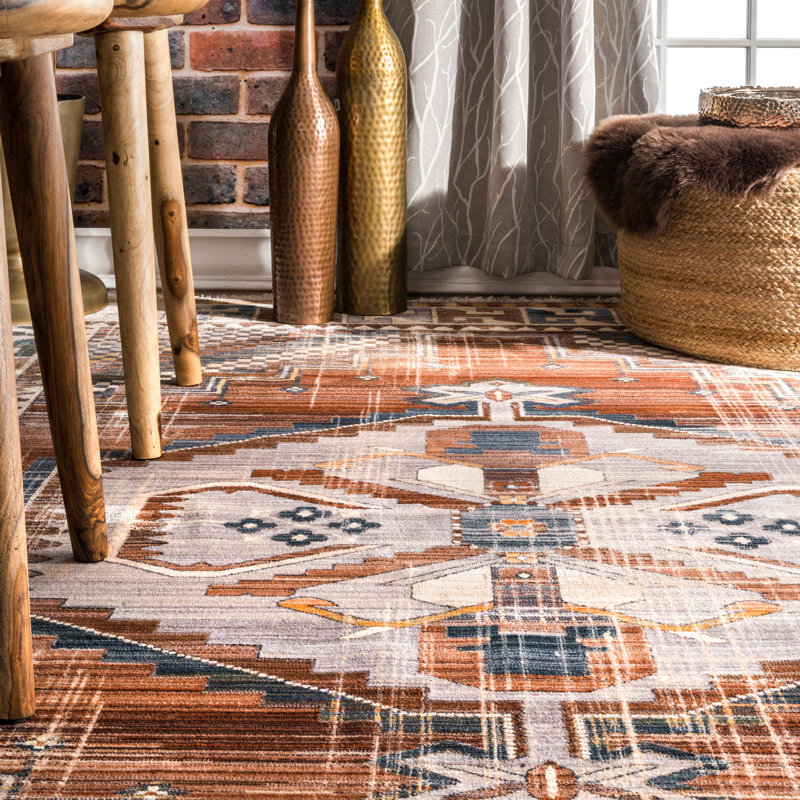 Carshalt Medallion Tassel Performance Rust/Blue Rug, Rectangle 5' x 7'9"