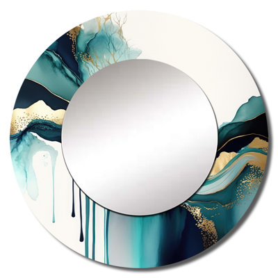 Siyu Teal And Gold Abstract Expression IV - Liquid Ink Wall Mirror, Turquoise Round Decorative Mirror, Printed Metal Art