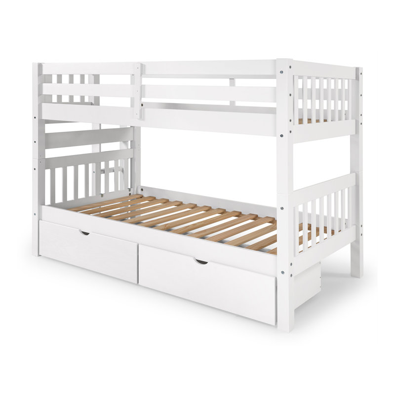 Treva Solid Wood Standard Twin over Twin Bunk Beds with Ladder and 2 Under Bed Drawers, White