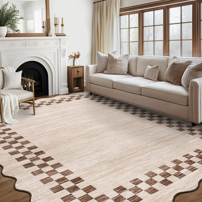 Scalloped Area Rug Modern Bordered Accent Carpet, Non-Slip Geometric Floor Cover, Stain-Resistant Low Pile Indoor Mat, Easy to Clean Rugs