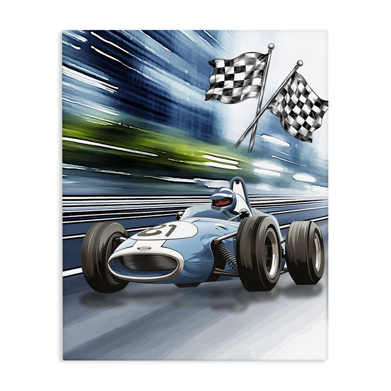 Speedy Racecar avec drapeaux, design par Christine Simpson Art, H 48 po x l 36 po