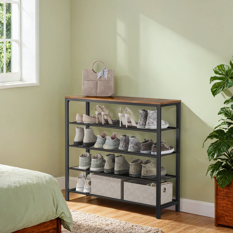 5 Tier 25 Pair 39.4" W Shoe Rack Storage, Black/Rustic Brown