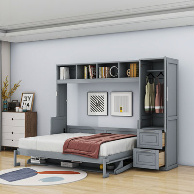 Lit escamotable en bois avec tablettes, placard et tiroirs Ladontay