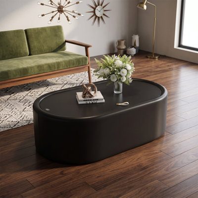 Table basse ovale de 33,46 po, avec rangement dissimulé, plateau en verre trempé avec revêtement en cuir de haute qualité, table basse avec rangement, style Mid-Century moderne, noir