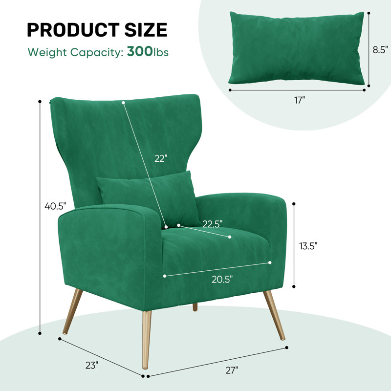 Modern Velvet Accent Chair With Wingback Design Gold Metal Legs And Pillow – Elegant Lounge Chair For Living Room & Bedroom