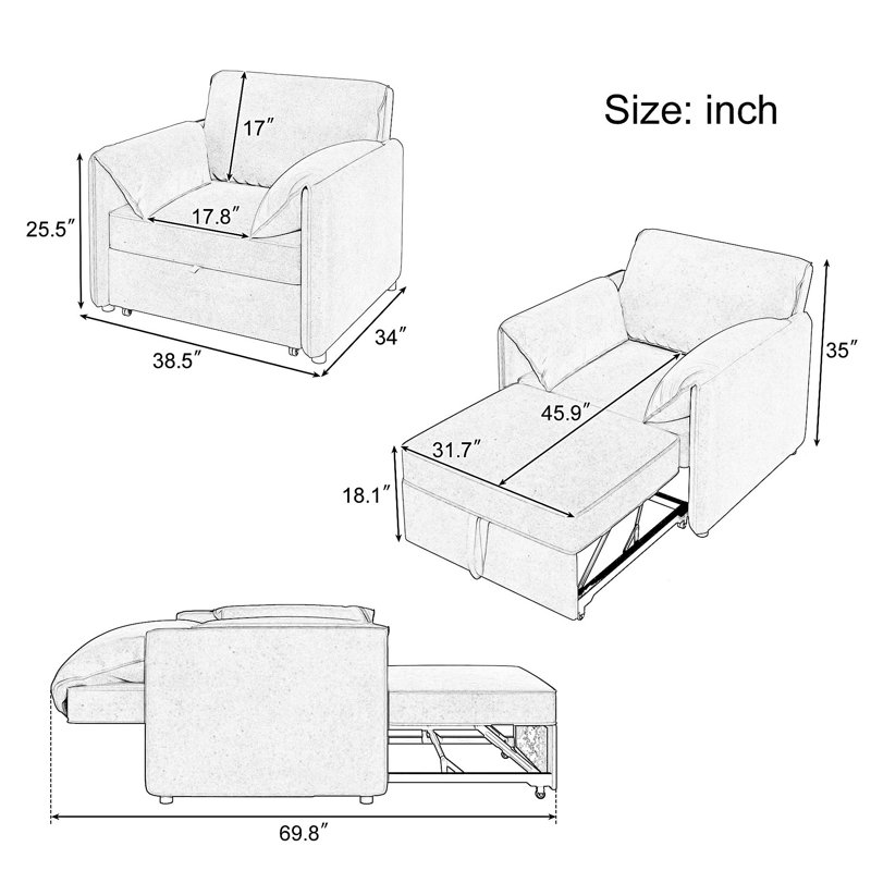 Convertible Pull Out Sofa Bed Sleeper Chair, Gray