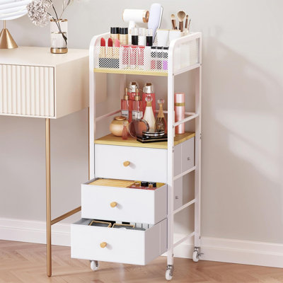 Organisateur de chariot à maquillage à roulettes - Rangement de maquillage pour le soin du sol avec 3 tiroirs en tissu non tissé, support de vitrines et porte-cosmétiques pour soins de la peau