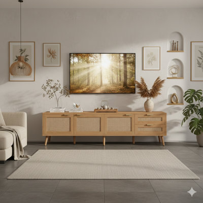 Meuble télé moderne de 70 po avec portes en rotin pour téléviseur de 80 po ou moins, console multimédia avec espace de rangement, deux tiroirs et trous pour câbles, centre de divertissement pour le salon
