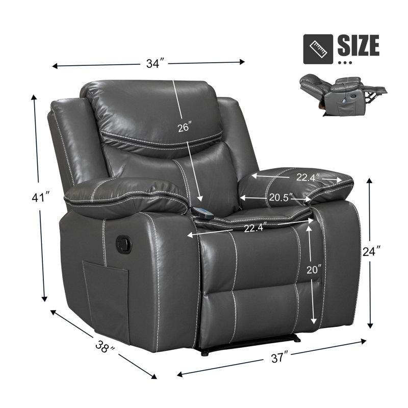 Ensemble de 2 fauteuils inclinables manuels en similicuir avec massage vibratoire et chaleur lombaire, canapé inclinable simple réglable avec poche de rangement latérale, fauteuils ergonomiques pour le salon, la chambre à coucher et le cinéma maison